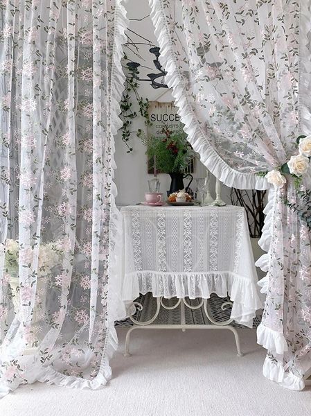 Rideau pastoral rose brodé de fleurs, en dentelle élégante, en Tulle, en gaze, pour porte en maille plissée, pour salon et balcon
