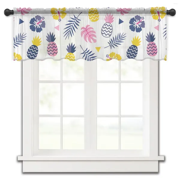 Cortina rosa azul piña hoja flor triángulo ventana pequeña tul transparente corto sala de estar decoración del hogar cortinas de gasa