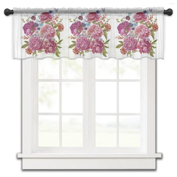 Cortina rosa azul púrpura negro flor hojas cocina cortinas tul transparente corto dormitorio sala de estar decoración cortinas de gasa