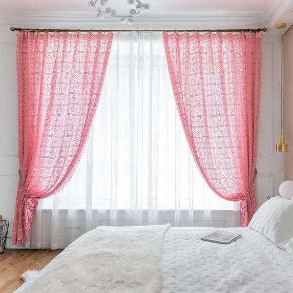 Cortina rosa elegante de punto de ganchillo para ventana, cortinas de tul hechas a mano rústicas americanas transparentes para dormitorio y sala de estar