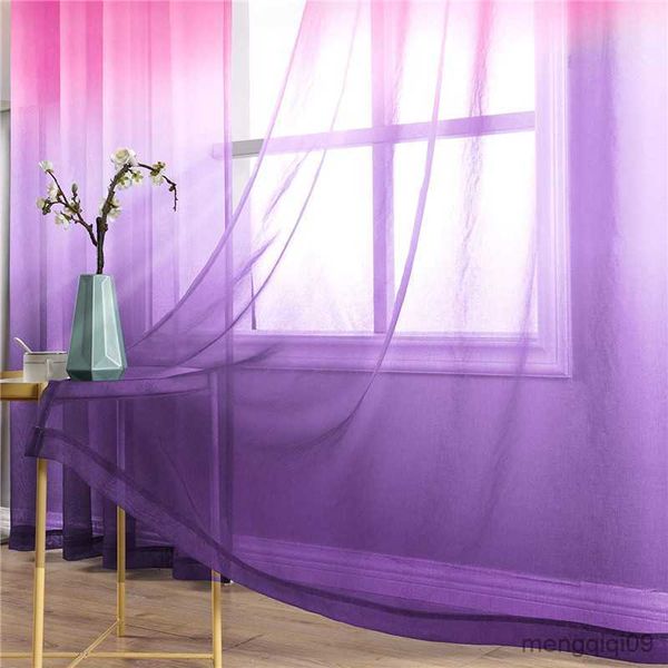 Cortina Pink Purple Linen Cortinas transparentes Gradiente Drapes semi voiles para la sala de estar de dormitorio Cortinas de ventana de la ventana superior R230815