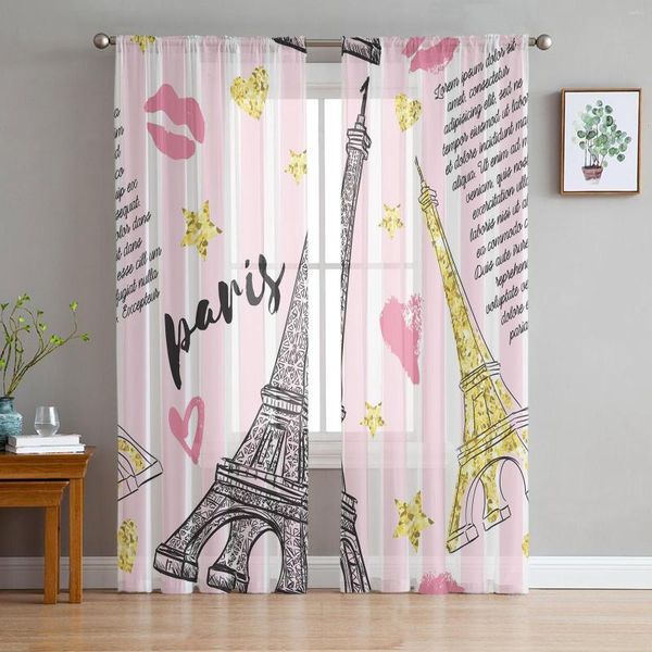 Cortina Rosa rayas Torre Eiffel labios tul cortinas para sala de estar dormitorio decoración gasa pura cocina ventana