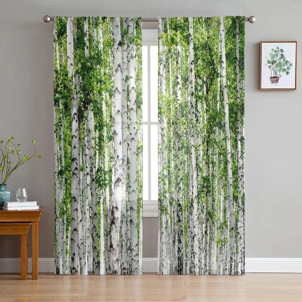 Cortina Planta Árbol de abedul bosque verde Cortinas transparentes para la sala de estar Decoración Ventana Dormitorio Voile Organza Drapes