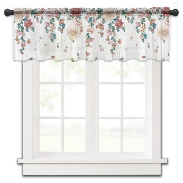 Cortina de tul con flores para verano, cenefa de ventana pequeña para cocina, dormitorio corto transparente, sala de estar, decoración del hogar, cortinas de gasa