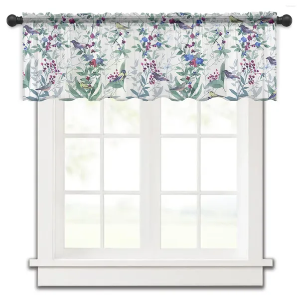 Cortina de plantas, pájaros, flores, acuarela, azul-verde, cortinas de cocina, tul transparente, corto, para sala de estar, decoración del hogar, cortinas de gasa