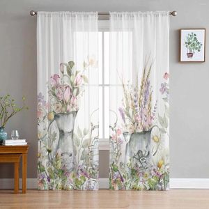 Plantes de rideau fleurs aquarelle vase transparent rideaux pour le salon décoration de fenêtre cuisine tulle voile organza