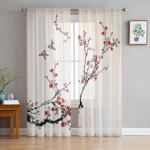 Rideau prune fleur branche de peinture à encre d'oiseau fleur rideaux transparents pour la fenêtre de décoration de salon cuisine tulle voile