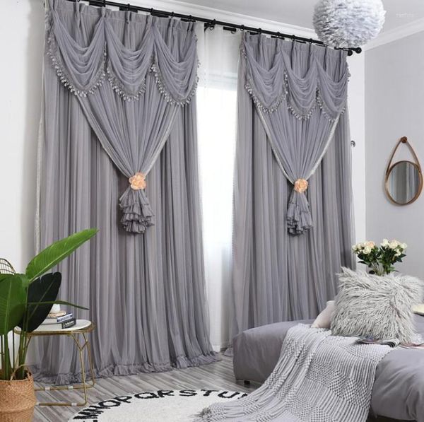 Rideau princesse coréen Double couche rideaux occultants pour salon chambre abat-jour en dentelle isolé thermiquement avec panneau en Tulle