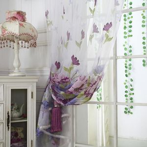 Rideau violet Beige pivoine fleur rideaux voilage pour salon Tulle pastorale Floral jaune chambre fenêtre cuisine