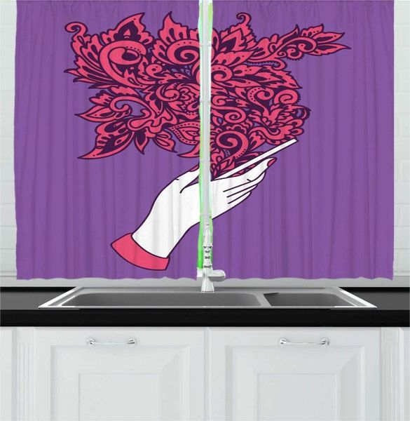 Rideau Violet Rose Foncé Et Blanc Abstrait Rideaux De Cuisine Main Tenant Un Bar En Fleurs Créativité Moderne Fantaisie Sur Le Thème Impression