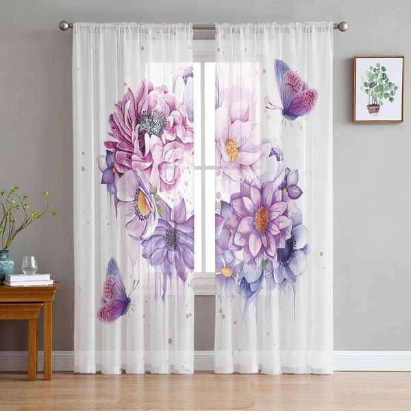 Rideau Violet Rose Fleur Papillon Printemps Tulle Voile Rideaux Pour Chambre Fenêtre Salon Sheer Organza Tentures