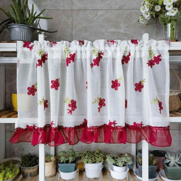 Rideau rouge Floral court brodé Tulle pour cuisine chambre salon porte fenêtre rideaux décor à la maison demi rideaux Cortinas