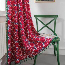 Rideau rouge fleur coton lin rideaux avec gland vert pour salon chambre salon fenêtre aveugle tissu cuisine prêt à faire
