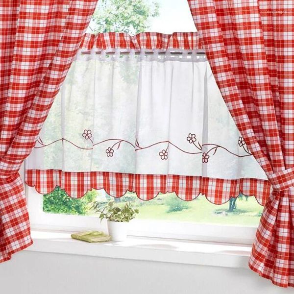 Rideau en tissu à carreaux rouge de haute qualité, blocage du soleil, café brodé, cuisine de maison avec petits rideaux décoratifs