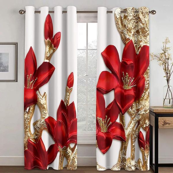 Cortina rosa roja flor diamante oro diseño 3D lujo dos finas cortinas de ventana para sala de estar dormitorio decoración del hogar 2 piezas