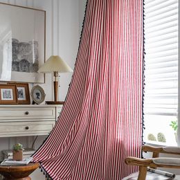 Gordijn rode streepgordijnen voor woonkamer semi -black -out gordijnen met kwastje slaapkamer keukenhuis Amerikaanse stijl decoratie valance