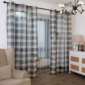 Rideau Rétro Déco Maison Géométrique Vérifier Style Sheer Fenêtre Rideaux Crayon Pli Oeillet Top Pour Salon Chambre