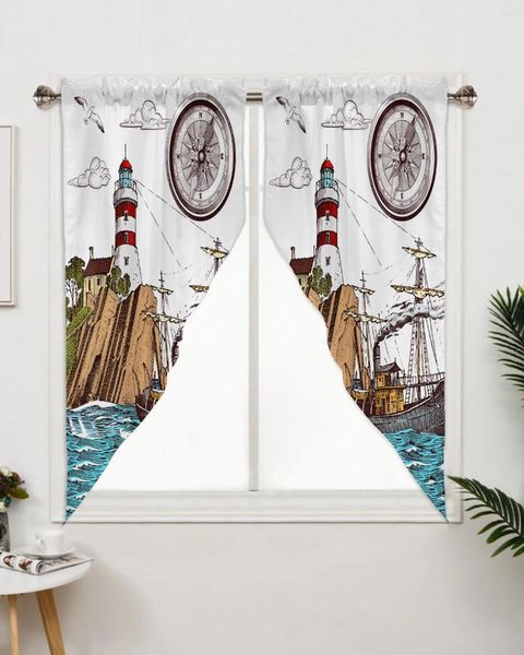 Rideau rétro Illustration phare voilier traitement de fenêtre rideaux pour salon chambre décor à la maison triangulaire