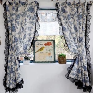 Gordijn Retro Romantiek Blauw Witte Gordijnen Met Zwart Kant Katoen Linnen Raamgordijnen In Woonkamer Aangepaste Grootte Voor Decor