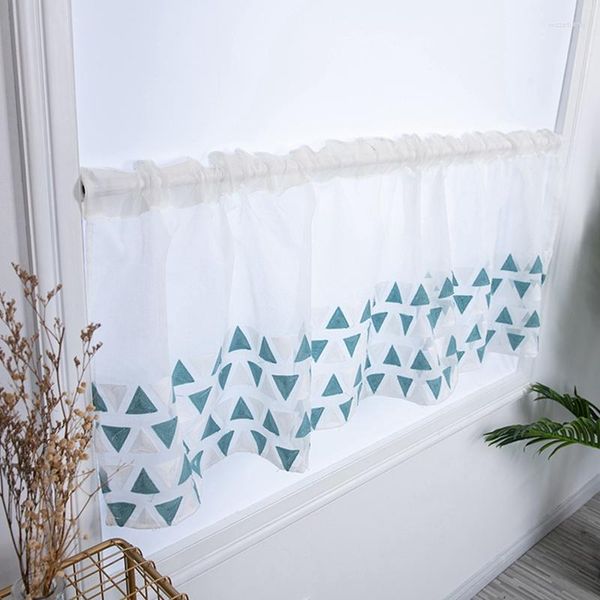 Tringle à rideau poche brodé bleu Triangles Semi niveau court pour cuisine salle de bain salon décoration de la maison