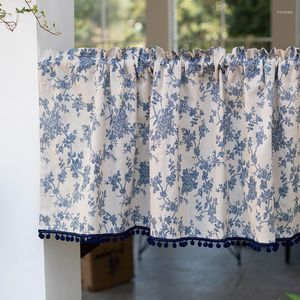 Barra de cortina de procesamiento de bolsillo, media cortina pequeña con bola de pelo, estampado Floral azul Vintage, puerta corta, cocina, para armario