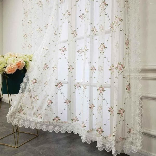 Cortina romántica con bordado de encaje rosa Floral para sala de estar, cortina de gasa transparente, decoración del hogar para dormitorio de princesa, boda, # E