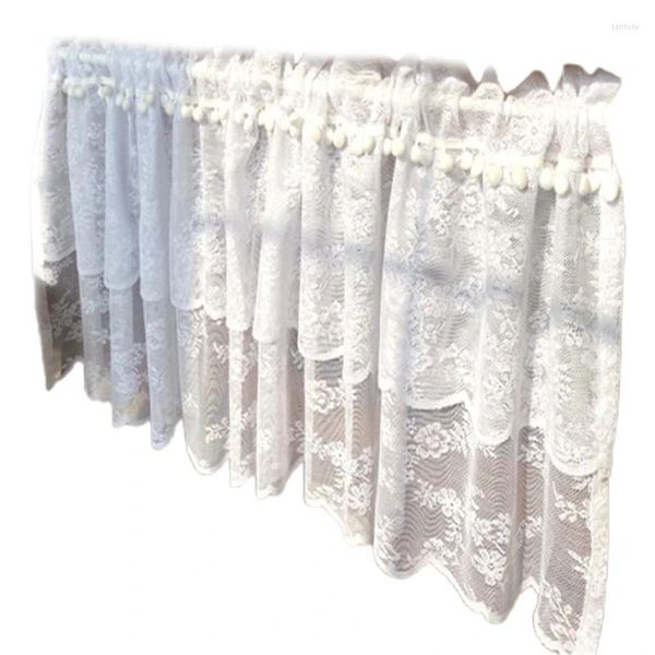 Rideau rustique Double couche en Tulle, demi-fenêtre courte, dentelle florale brodée, cantonnière de poche avec garniture en boule de cheveux