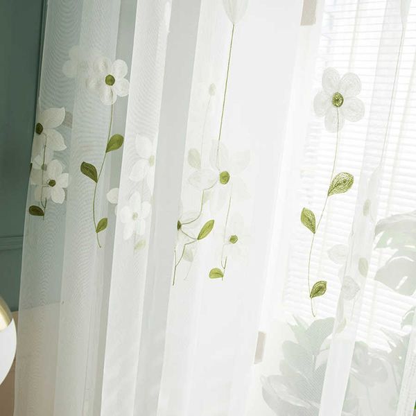 Cortina rústica de hojas verdes frescas, cortinas de tul de malla bordadas florales para sala de estar, cortinas elegantes para ventana para dormitorio de niños