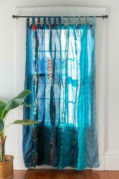 Rideau Sari Patchwork Drapé Fenêtre Décor Soie Turquoise