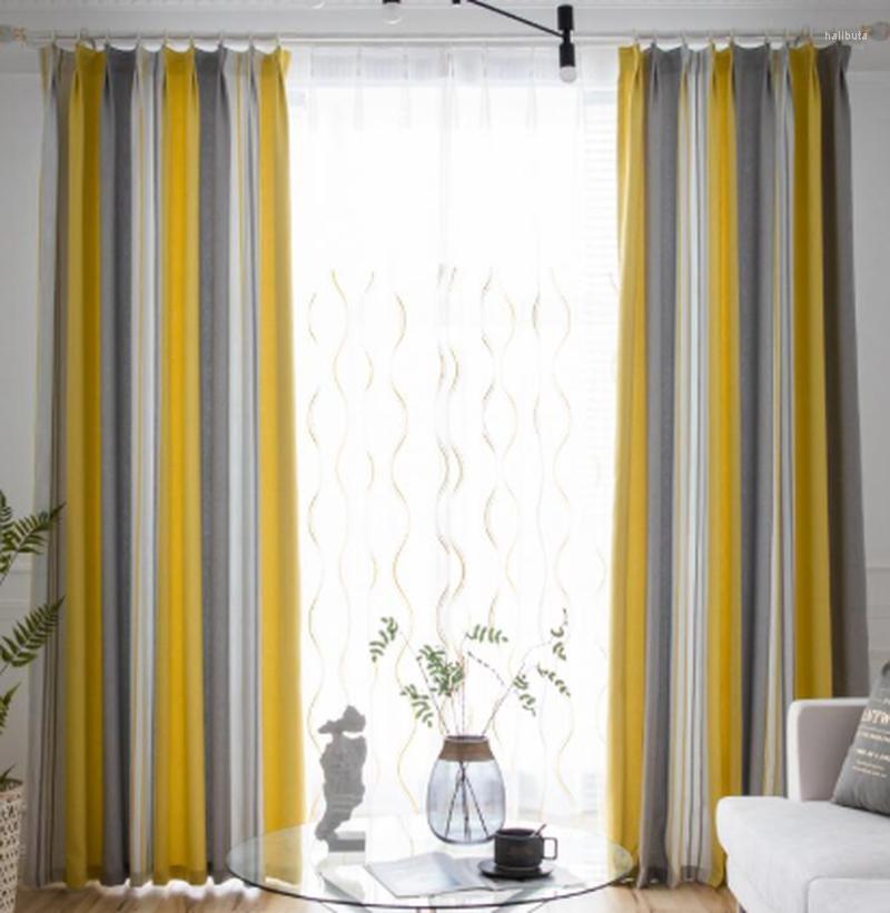 Cortinas de cortina escandinava para quartos de jantar de jantar estilo amarelo listrado cinza blecaout azul transparente tule persianas