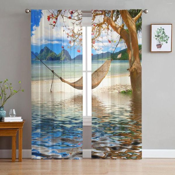 Cortina mar cielo nubes hamaca verano transparente para sala de estar vestido de pared suministros para ventanas del hogar imprimir cortinas de tul