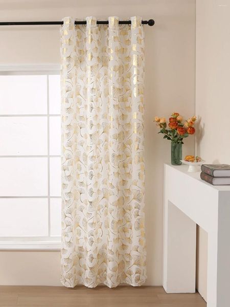 Cortinas transparentes para dormitorio, conjunto de tratamiento de ventana blanca con estampado de hojas doradas, parte superior con ojales