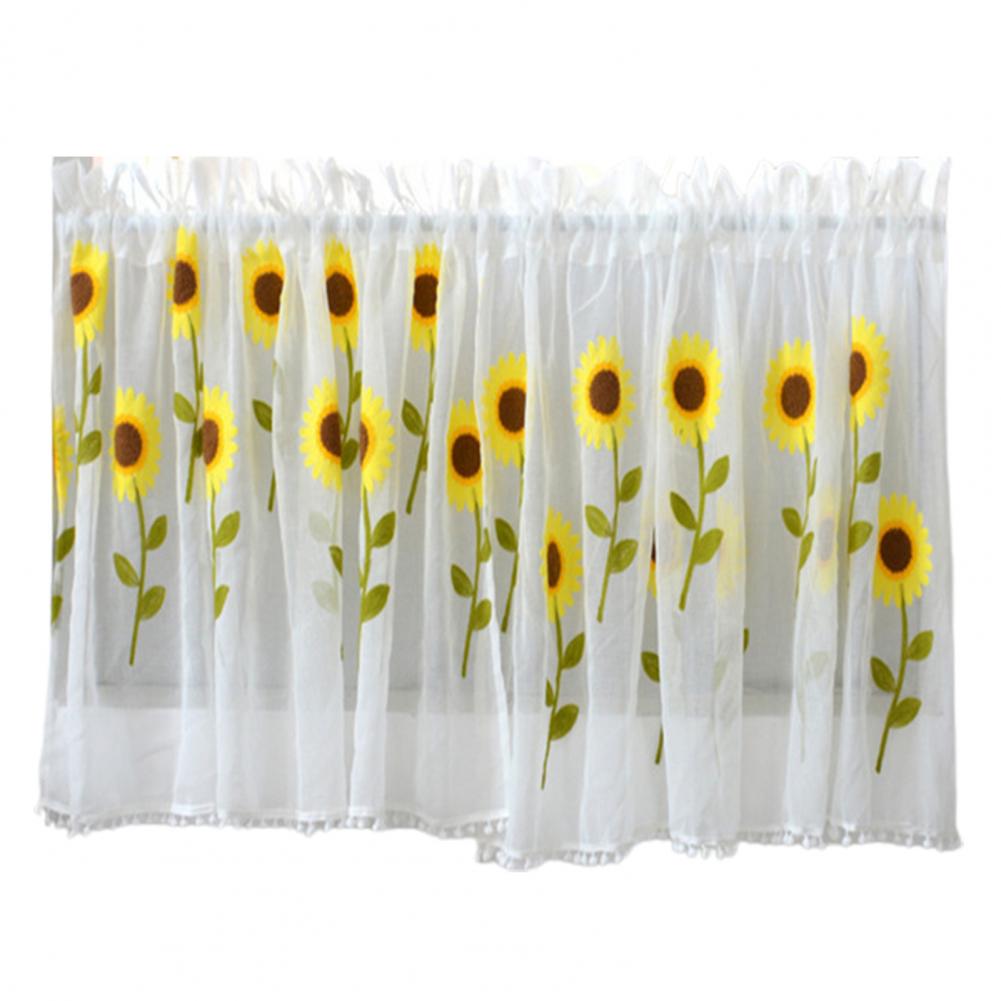 Curtain Short Curtains Flower Embroidered Sun Shade Polyester Through Rod Half-Curtain for Kitchen Home Textile