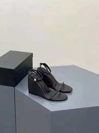 Sandalias de tacón inclinado con cortina, zapatos de mujer negros de seda a la moda, zapatos de masaje de tacón alto CM, tacón de plataforma, tallas estándar romanas 35-40
