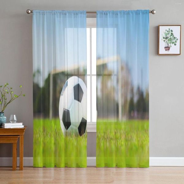 Cortina de balón de fútbol en campo de hierba verde con ciudad borrosa, cortinas transparentes de tul para sala de estar, decoración de cocina, gasa de Organza