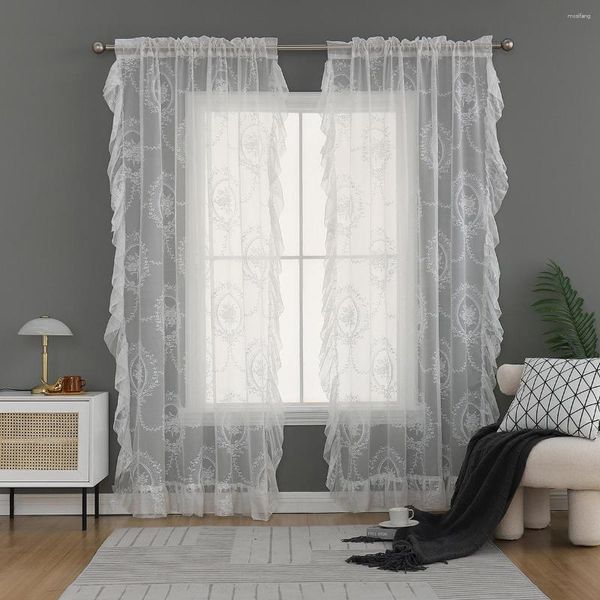Cortina de tul fino blanco sólido para sala de estar, volantes de encaje, dormitorio transparente, persianas decorativas para ventana, cortinas de velo