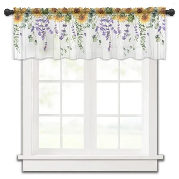 Cortina de primavera de eucalipto, girasol, lavanda, cortinas cortas de tul para ventana, gasa transparente, armario de cocina, decoración del hogar, cortinas pequeñas