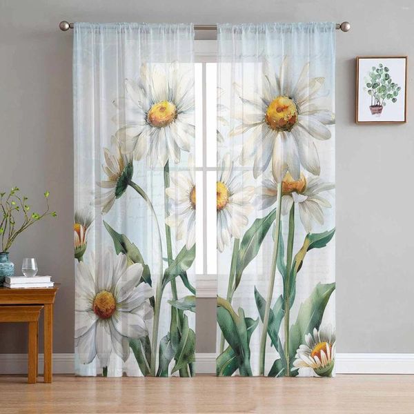 Curtain Plantes de printemps Daisies Fleurs pastorales Blue transparent rideaux pour chambre de chambre à voile Venture en tulle rideaux