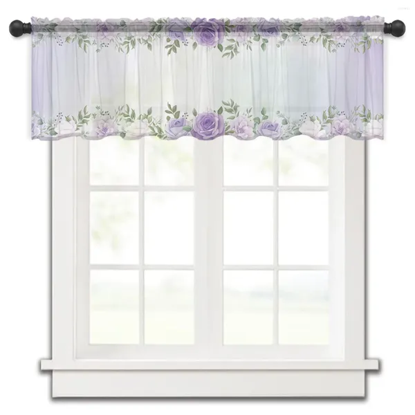 Cortina de primavera, flores moradas, hojas, gasa para dormitorio, ventana corta, cortinas de gasa para cocina, decoración del hogar, pequeñas cortinas de tul