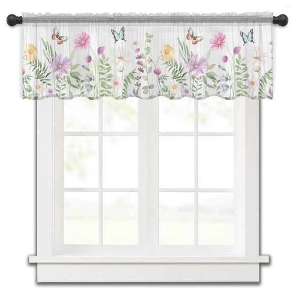 Rideau printemps été fleur papillon cuisine petit Tulle transparent court chambre salon décor à la maison Voile rideaux