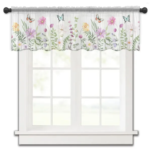 Rideau printemps été fleur papillon petite fenêtre Tulle transparent court chambre salon décor à la maison Voile rideaux