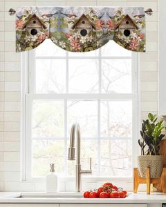 Cortina de primavera Vintage para pájaros, flores y pájaros, ventana corta, cenefa de amarre ajustable para sala de estar, cortinas de cocina