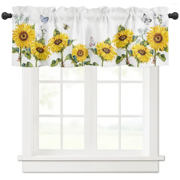 Cortina de girasol, flor, mariposa, abeja, Cortinas blancas para ventana de cocina, decoración del hogar, Cortinas pequeñas para sala de estar y dormitorio