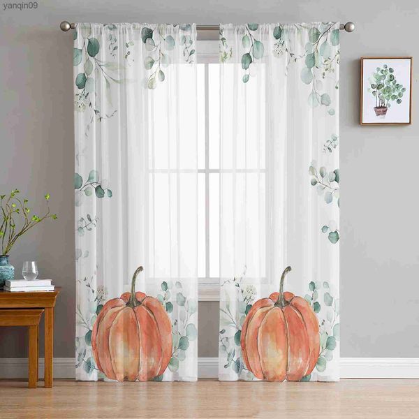 Cortina Acción de Gracias Eucalipto Calabaza Azul Dormitorio Cortinas transparentes transparentes Decoración navideña Ventana Voile Cortina de tul HKD230822