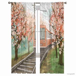 Rideau Train cerisier fleur aquarelle Tulle rideaux pour salon chambre décor en mousseline de soie pure cuisine fenêtre rideau rideaux