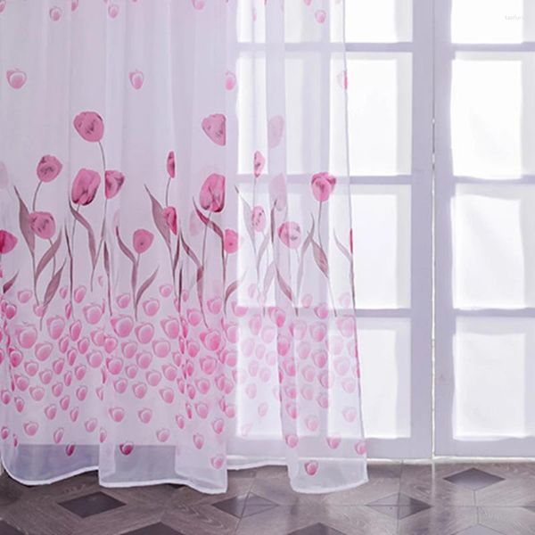 Rideau de fenêtre transparente Gauze Tulip Printing Curtains décoratifs Verre de mariage Sheer Wear Rod Easy Installer Home Products