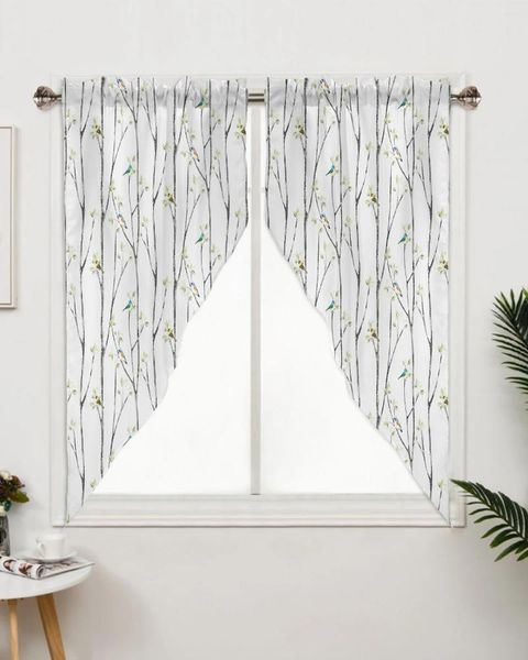 Cortina ramas de árbol pájaro abstracto acuarela ventana sala de estar dormitorio decoración cortinas decoración de cocina Triangular
