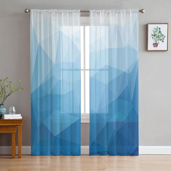 Cortina triángulo Color bloque azul degradado cortinas transparentes para sala de estar moderno gasa dormitorio tul ventana cortinas