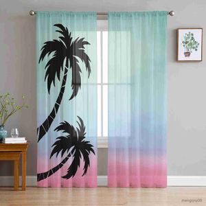 Cortina Palmes tropicales Sunset de verano Cortinas transparentes para sala de estar Cortina de tul de tul estampada Luxury Home Balcony Decor Drapes R230816