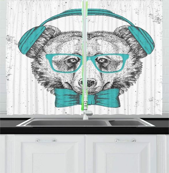 Cortina gris turquesa, cortinas de cocina de animales, oso Hipster dibujado a mano con auriculares, gafas, pajarita, cortinas de ventana